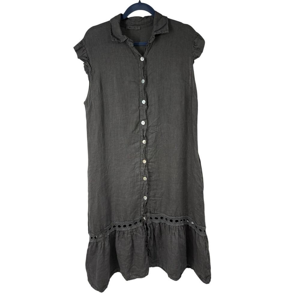 Meo Meli Dark Gray Italian 100% Linen Button Down Shirt Dress Women OS Lagenlook